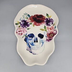 Global Design Urban Outfitters Kitchen Floral Skull Platter Ceramic 11.5x8"